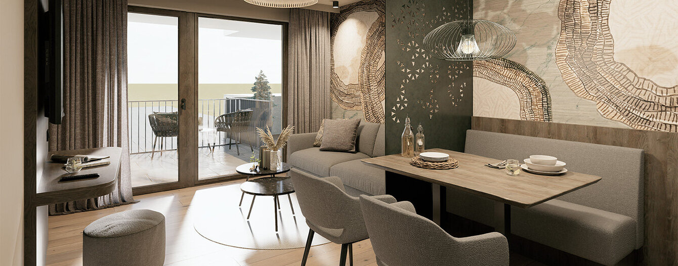 Moderner Ess- und Wohnbereich mit grauen Stühlen, einem Holztisch, eingebauten Sitzbänken, dekorativer Wandkunst und Glasschiebetüren, die auf einen Balkon mit Sitzgelegenheiten im Freien führen. Neutrale Farben und natürliches Licht erfüllen den Raum.