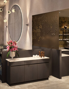 Modernes Restaurantinterieur mit eleganter Beleuchtung, dunklen Holzmöbeln, einem großen runden Wandelement, einer Vase mit rosa Blumen auf einem Tresen und offenen Regalen mit Geschirr und Kaffeemaschinen im Hintergrund.