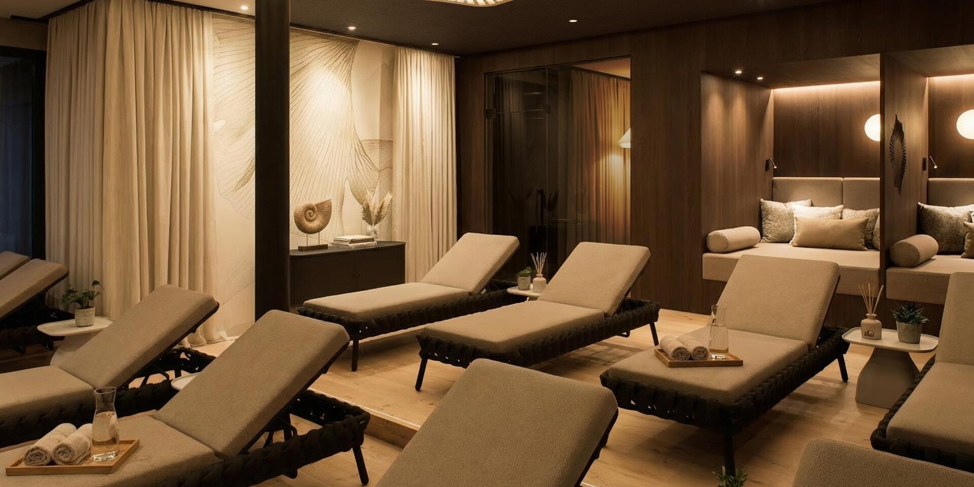 Ein Ruheraum mit gepolsterten Liegen, gerollten Handtüchern, sanfter Beleuchtung und modernem Dekor schaffen eine warme, ruhige Atmosphäre zum Entspannen.