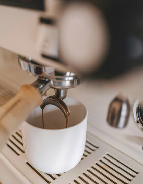 Nahaufnahme einer Espressomaschine, die Kaffee zubereitet, wobei dunkler Kaffee aus dem Auslauf des Siebträgers in eine weiße Keramiktasse fließt.