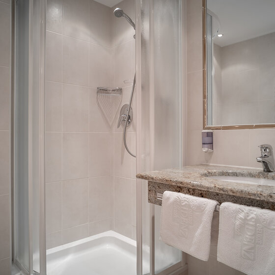 Modernes Badezimmer mit einer Glasduschkabine, einem Waschbecken mit Granitplatte, einem großen Spiegel und zwei weißen Handtüchern, die auf dem Handtuchhalter unter dem Waschbecken hängen. Der Raum ist sauber und gut beleuchtet.