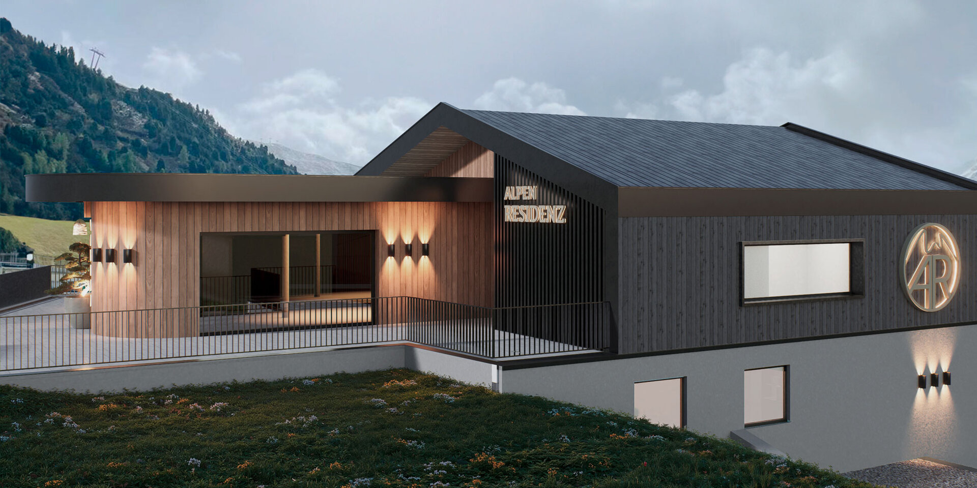 Ein modernes Gebäude mit dunklen Holz- und weißen Außenwänden, einem kantigen Dach und geometrischen Wandleuchten vor einer Berglandschaft unter einem bewölkten Himmel. Auf dem Schild des Gebäudes steht "Alpenresidenz".
