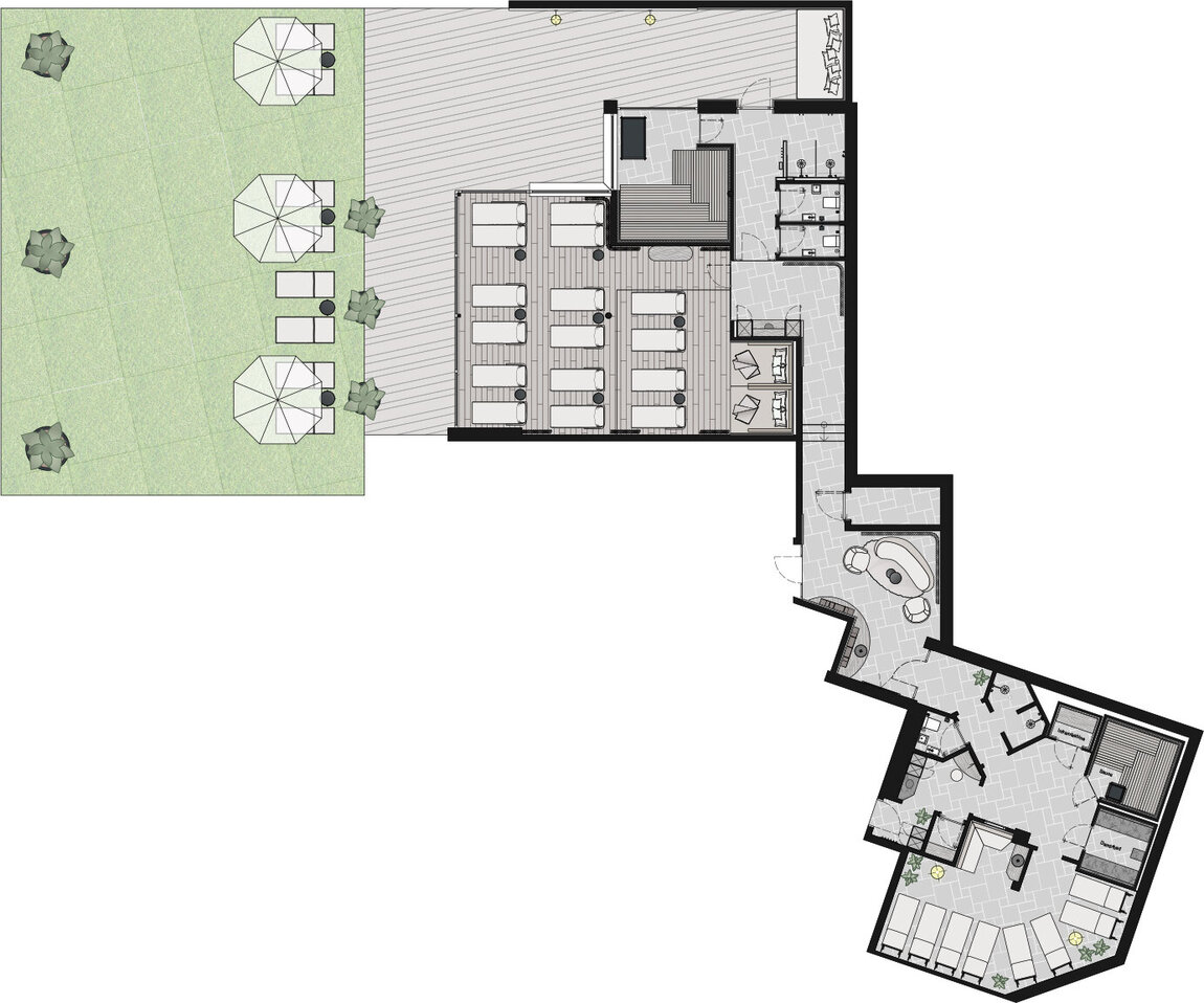 Der architektonische Grundriss zeigt den Wellnessbereich mit Ruheraum, Sauna, Dampfbad, Duschen und Teebar. Der Außenbereich umfasst eine Rasenfläche mit Sonnenschirmen und Liegestühlen auf einer Terrasse. Wege verbinden alle Bereiche miteinander.