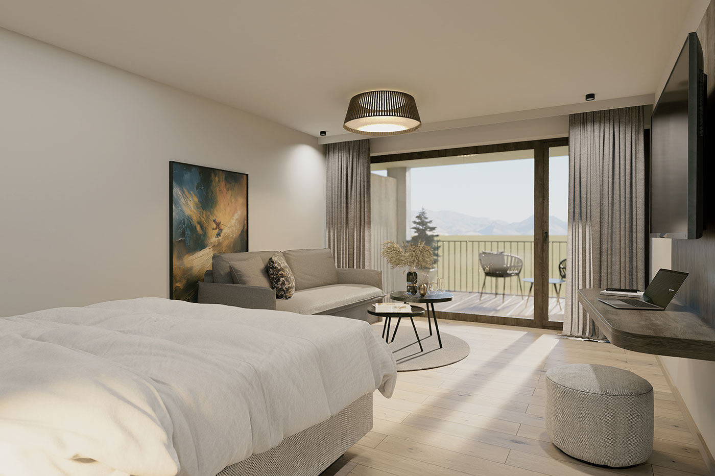 Ein modernes Zimmer mit einem Bett, einem Sofa, einem Couchtisch und Wandkunst. Große Glastüren führen auf einen Balkon mit Blick auf die Berge. Neutrale Töne und natürliches Licht schaffen eine ruhige, einladende Atmosphäre.